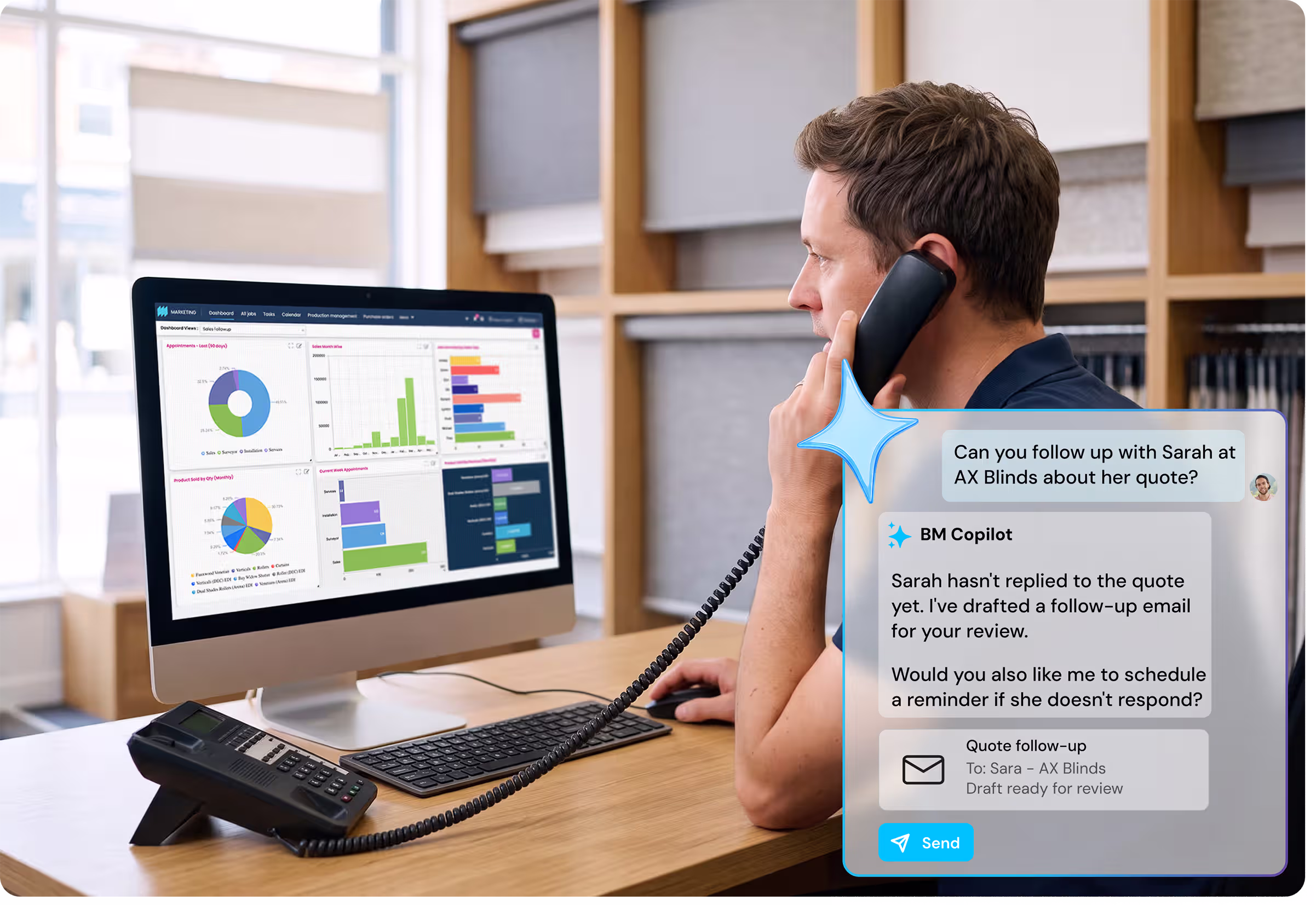 Salesperson using BM Copilot to follow up a quote